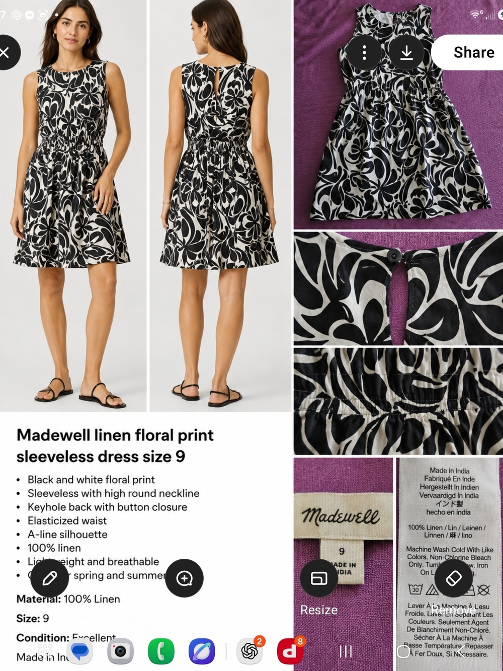 Madewell Black & White Floral Linen A‑Line Dress